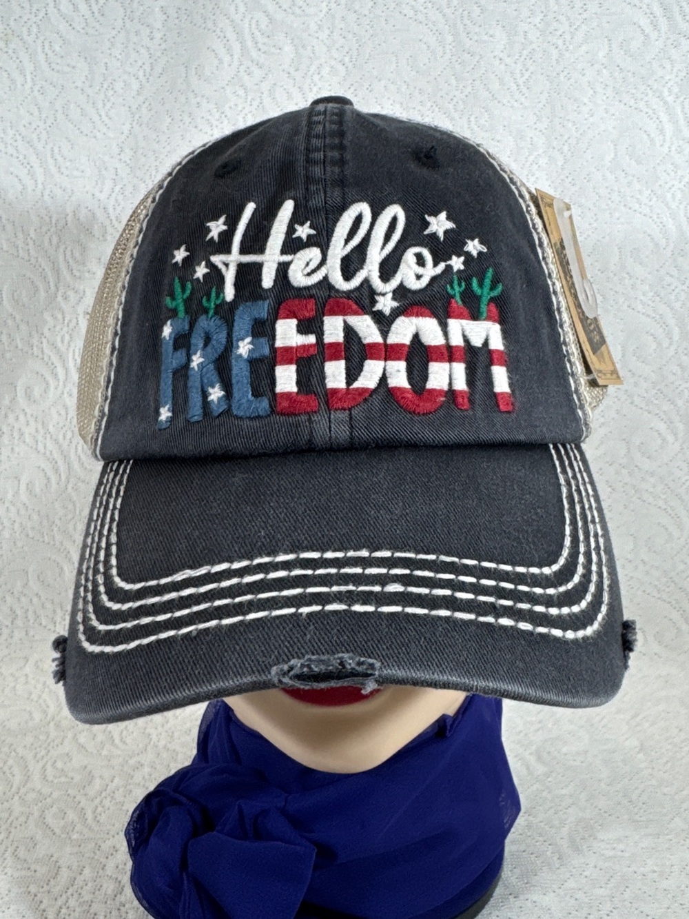 New With Tag Hello Freedom Women Baseball Cap - Black and Tan Mesh